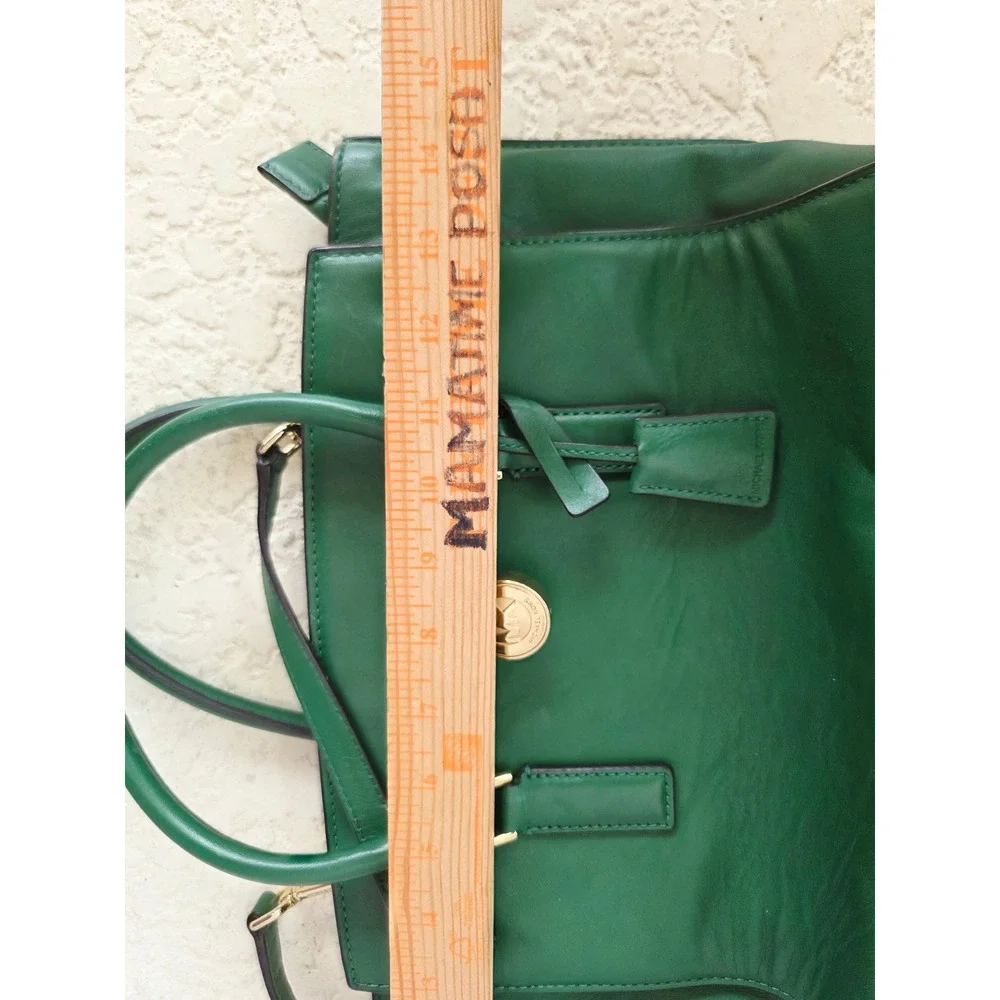 Michael Kors Hamilton Green Leather Satchel Gold Padlock Handbag Excellent